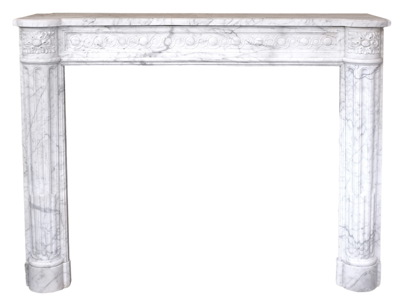 cheminee louis XVI marbre blanc veine de carrare 134x106 cm